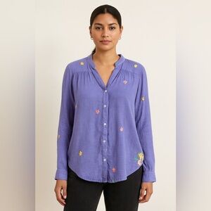 Lavender gauzy embroidered Floral Button-Up Blouse with underneath tank